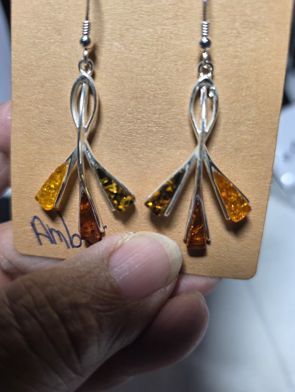 Sterling Silver Amber Teardrop Dangle Earrings - Elegant Orange Amber